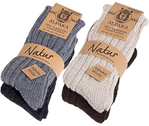 BRUBAKER 4 pares de calcetines hombre de pura lana de alpaca - naturales y grises - tamaño 47/50