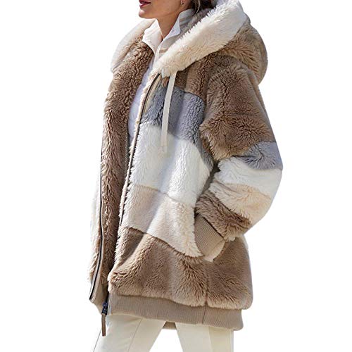 Buhui Abrigo de forro polar para mujer, con bolsillos delanteros abiertos, chaqueta de sherpa esponjosa, sudadera con capucha con cordón, chaqueta de felpa con cremallera