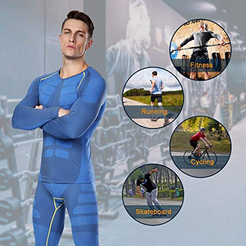 Bwiv Camiseta Hombre Deportiva Compresión Camiseta Interior Hombre Manga Larga Fitness Gimnasio Aire Libre para Entrenamiento Ciclismo de Azul y Línea Amarillo Talla M