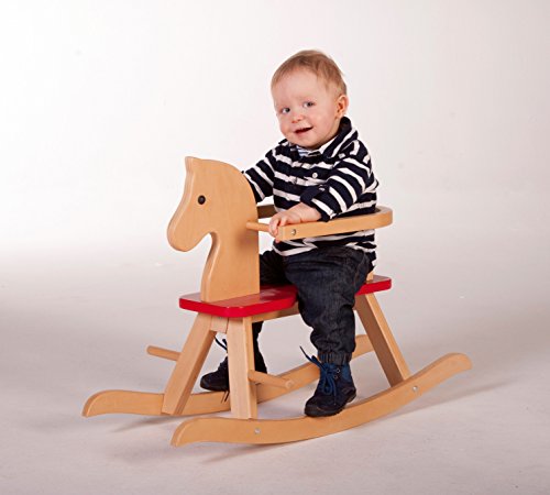 Caballo de balancín roba, juguete balancin acabado en madera maciza natural y laca roja, caballo balancin para niños pequeños con anillo protector desmontable.