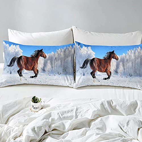 Caballo y Campo de Nieve Diseño de impresión 3D Funda Nordica Cama 90 Juveniles Niña Niño, Juego de Cama de Microfibra de 110g/m2 con Cremallera, 1 Funda nórdica + 2 Fundas de Almohada