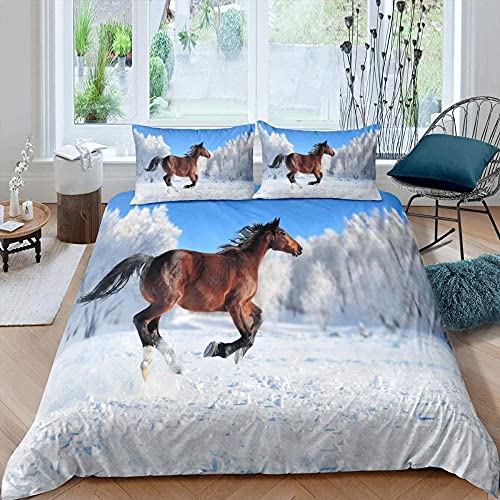 Caballo y Campo de Nieve Diseño de impresión 3D Funda Nordica Cama 90 Juveniles Niña Niño, Juego de Cama de Microfibra de 110g/m2 con Cremallera, 1 Funda nórdica + 2 Fundas de Almohada