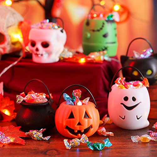 Cabilock 12 soportes para caramelos de Halloween con asa, pequeñas calderas de bruja negras, cubo, soporte de calavera, pequeño cubo portátil para niños