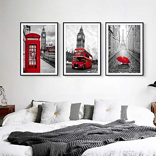 Cabina de teléfono de Londres Paraguas de autobús Impresiones en lienzo Blanco y negro y rojo Imágenes de la ciudad de Londres Arte de pared para el hogar Decoración moderna Decoración de sala