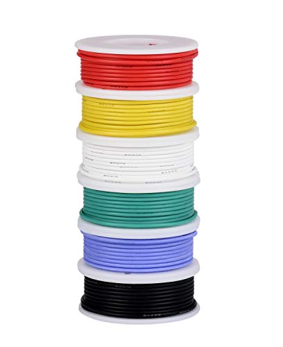 Cable de calibre 24, cable eléctrico Kit de alambre de silicona flexible de 24 AWG (6 bobinas de 9 metros de diferentes colores) Cable de conexión de 300 V de alta resistencia a la temperatura