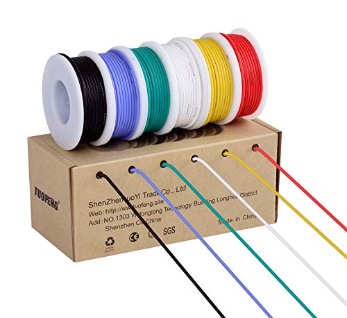 Cable de calibre 24, cable eléctrico Kit de alambre de silicona flexible de 24 AWG (6 bobinas de 9 metros de diferentes colores) Cable de conexión de 300 V de alta resistencia a la temperatura