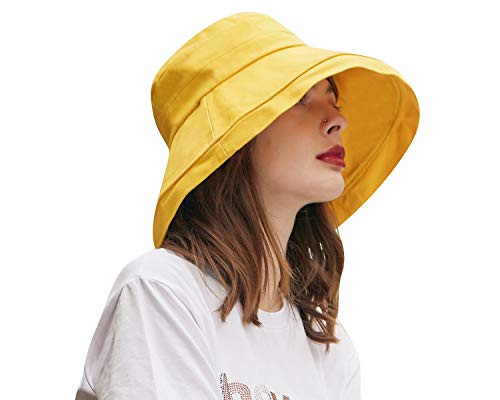 CACUSS Mujer Sombrero Senderismo Gorra Sol Plegable Sombrero de ala Ancha de Verano con protección UV UPF 50+ Sombrero de Playa Sombrero de Cubo Gorra de Pescador para Viajes y al Aire Libre,Amarillo