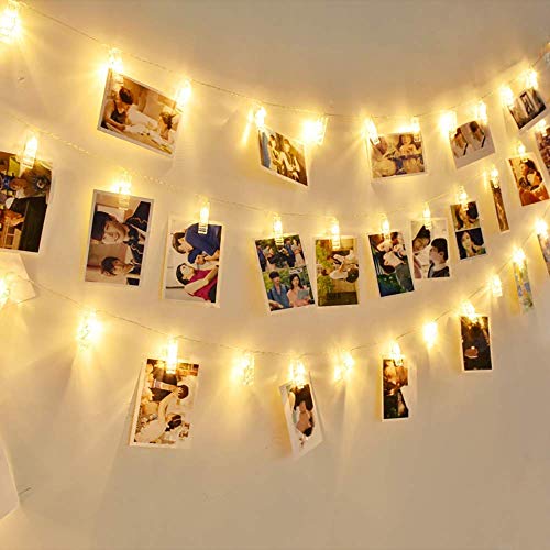 Cadena de luces con pinzas 4,5m 40 LED Cadena de luces con pinzas 2 modos de luz Blanco cálido Guirnalda de luces con Clips para fotos ideal para colgar fotos, notas, Memos y de arte