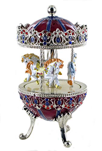 Caja de música animada en forma de huevo/huevo musical de estilo Fabergé de metal con caballos de carrusel giratorios - El Danubio azul (J. Strauss)