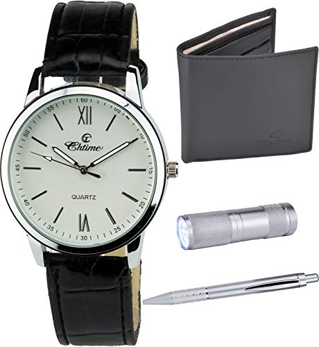 Caja de Regalo Reloj Hombre   Blanco - Lámpara LED - Cuchillo suizo  - Billetera - Bolígrafo