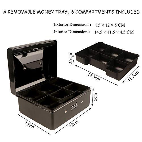 Caja pequeña con cerradura de combinación – Caja de metal duradera con bandeja de dinero caja de almacenamiento de bloqueo 15 × 12 × 8 cm (negro, pequeño)