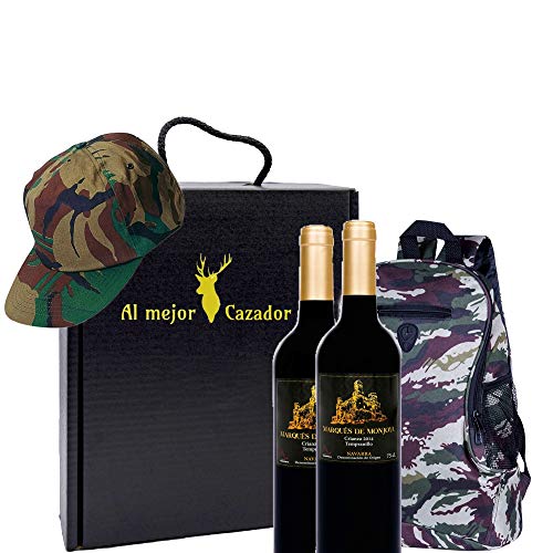 Caja Regalo Vino - Pack de 2 Botellas de Crianza + Regalo Al Mejor Cazador + Kit con Gorra y Mochila de Camuflaje para Caza - D.Origen Olite Navarra - Ideal para regalar