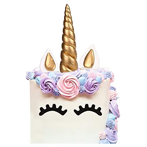 Cake Topper, AIEX Oro Hecho a Mano Feliz Cumpleaños Pastel Decoración/Cumpleaños Cake toppers, Linda Unicornio Cuerno, Orejas y Pestañas, Tartas Decoraciones para Cumpleaños/Boda(5.5x1.37 inches)