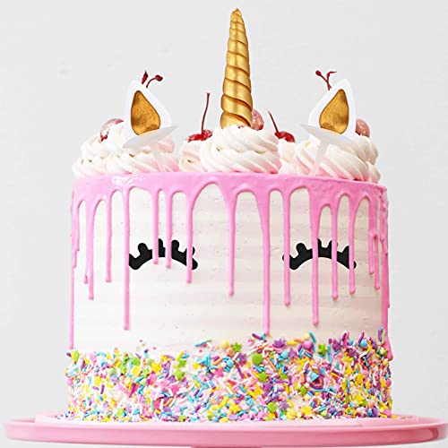 Cake Topper, AIEX Oro Hecho a Mano Feliz Cumpleaños Pastel Decoración/Cumpleaños Cake toppers, Linda Unicornio Cuerno, Orejas y Pestañas, Tartas Decoraciones para Cumpleaños/Boda(5.5x1.37 inches)