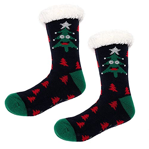 Calcetines Antideslizantes Mujer,Zapatillas De Invierno Calcetines Árbol De Navidad Negro Calcetines Antideslizantes Suaves Con Forro Polar Suave Para Mujer Calcetines Gruesos De Casa Con Agarrader