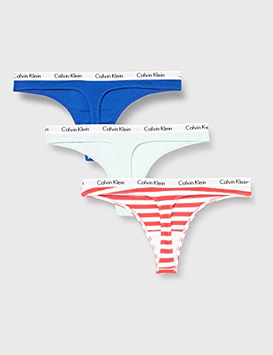 Calvin Klein THong 3PK, Tanga para Mujer, Multicolor (Rainer Stripe/Royalty/Frosty Mint), M