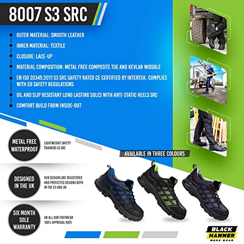 Calzado de Seguridad Impermeable para Hombres Puntera de Composite Sin Metal Ultraligera Botas de Trabajo para Caminar con Entresuela de Kevlar y al Tobillo S3 SRC 8007 Black Hammer (44 EU)