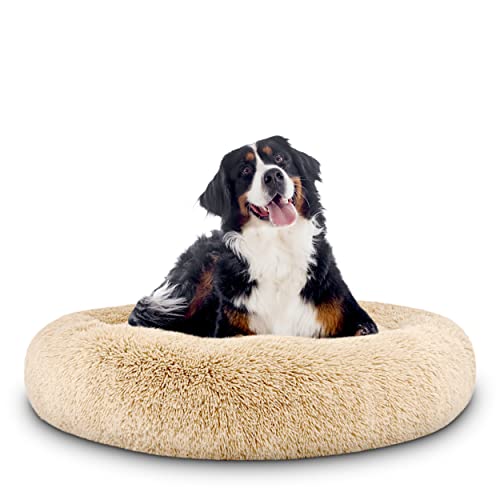 Cama para perro Sound Sleep de The Dog’s Bed, forma redonda, funda extraíble de felpa marrón grande, cama nido, relajante y de gran calidad