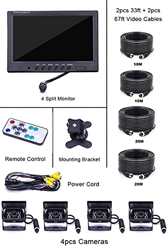 Cámara de Seguridad para vehículos 9 Pulgadas 4 divisiones + cámara de visión Delantera / Trasera 18 Cámara IR Impermeable para visión Nocturna con 2 x 33 pies y 2 x 65 pies para Camiones de Remolque