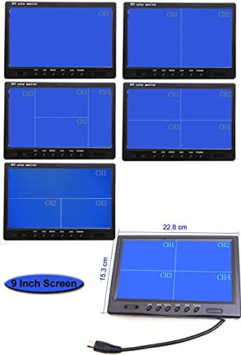 Cámara de Seguridad para vehículos 9 Pulgadas 4 divisiones + cámara de visión Delantera / Trasera 18 Cámara IR Impermeable para visión Nocturna con 2 x 33 pies y 2 x 65 pies para Camiones de Remolque