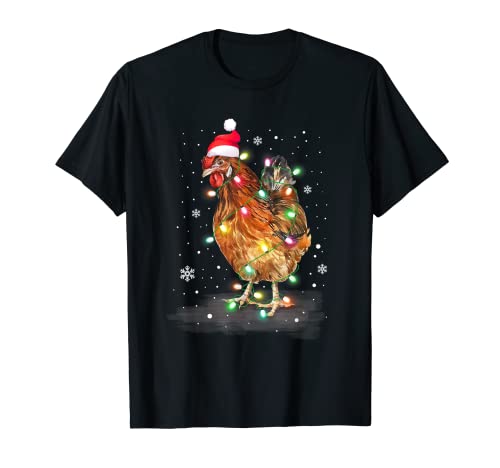 Camisa de pollo con luces navideñas Papá Noel divertido árbol de Navidad pollo Camiseta