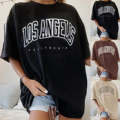 Camiseta de manga corta para mujer de Los Ángeles, con cuello redondo, de algodón, camiseta de verano, manga corta, camisas con letras creativas, vintage, sudadera, blusa marrón XL