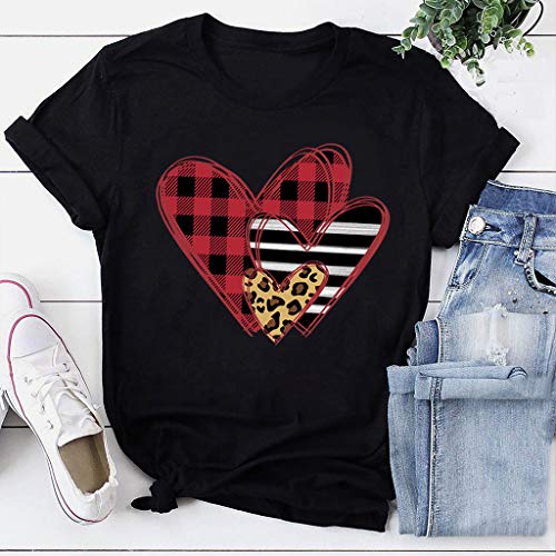 Camiseta día de San Valentín de Mujer y Hombre,ZODOF Camisetas Deporte Mujer Verano t-Shirts Enamorado Impresión a Cuadros del corazón Manga Corta Tops Blusa Camisetas