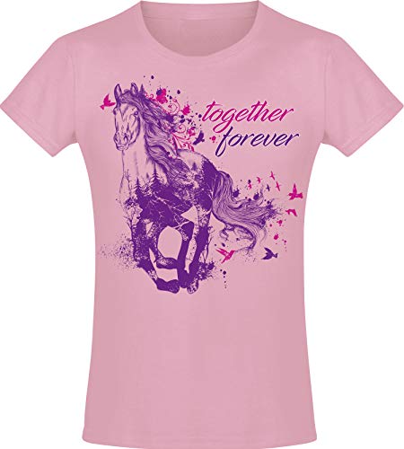 Camiseta: Together Forever - Amor - Niña - Caballo Jaca - Poney Poni Pony - Rosa Pink - Regalo de cumpleaños - Amiga - Cabalgar - T-Shirt - Escuela (128)