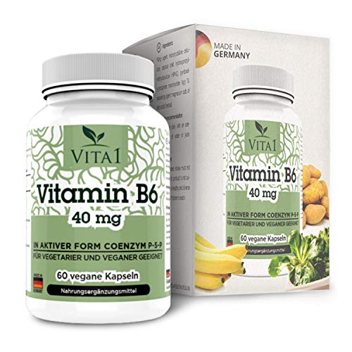 Cápsulas de Vitamina B6 P-5-P 40mg de VITA1 • 60 cápsulas (2 meses de suministro) • en su forma activa coenzima P-5-P • Hecho en Germany
