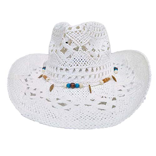 Carnavalife, Sombrero de Papel Natural de Cowboy Vaquero, con Banda de Tela, Unisex Talla Única Hombre Mujer para Verano. Color Blanco.