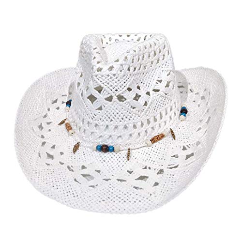 Carnavalife, Sombrero de Papel Natural de Cowboy Vaquero, con Banda de Tela, Unisex Talla Única Hombre Mujer para Verano. Color Blanco.