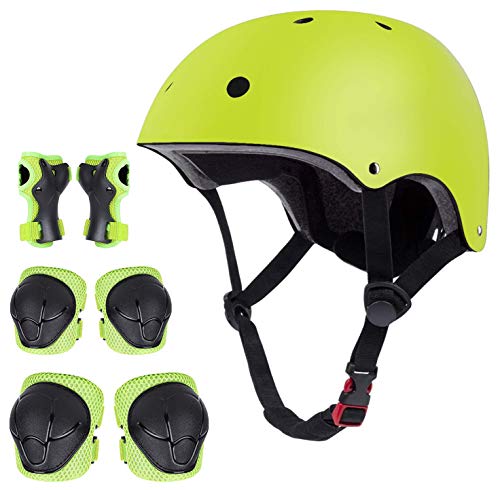 Casco de bicicleta para niños, casco clásico con rodilleras y coderas para multideporte, scooter, patinete, conducción, patinete, patinete, patinete, 3-13 años (amarillo)