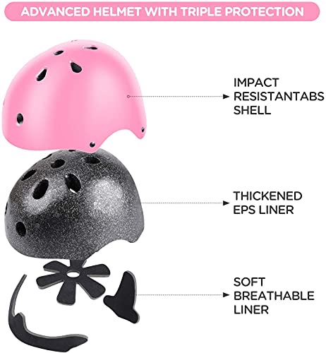 Casco de bicicleta para niños, casco clásico con rodilleras y coderas para multideporte, scooter, patinete, conducción, patinete, patinete, patinete, 3-13 años (rosa)