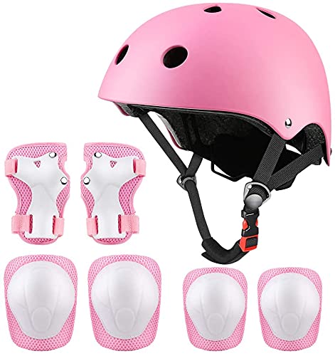 Casco de bicicleta para niños, casco clásico con rodilleras y coderas para multideporte, scooter, patinete, conducción, patinete, patinete, patinete, 3-13 años (rosa)