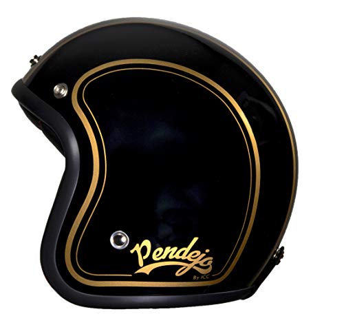Casco de moto jet Pendejo classic en negro con detalles en dorado by Iguana Custom Collection con corchetes para pantallas y tira de cuero sujeta gafas. (XL)