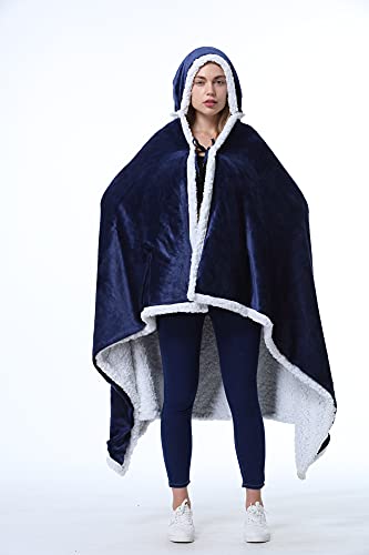Catalonia Classy Poncho como manta, manta con capucha Sherpa Cosy de felpa, manta portátil para adultos, mujeres, hombres y niños, para casa o al aire libre, 125 x 200 cm, azul marino