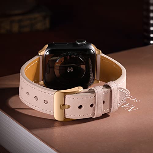 CeMiKa Compatible con Correa Apple Watch - Cuero Genuino Correas de Repuesto Compatible con Apple Watch 38mm 40mm 41mm 42mm 44mm 45mm & Correa iWatch Series 7 6 5 4 3 2 1 - Rosa Arena