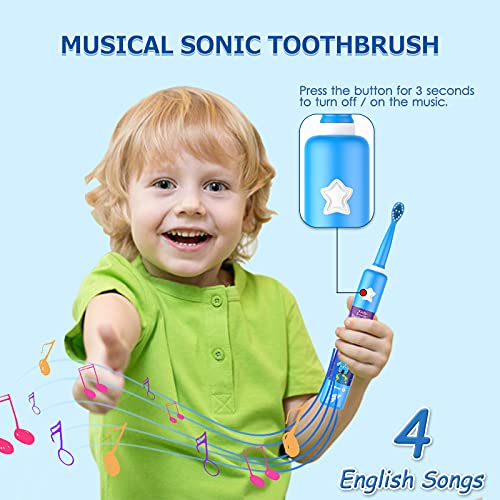 Cepillo de dientes eléctrico musical para niños, cepillo de dientes inteligente recargable de dibujos animados para niños de 3 a 12 años con temporizador de 2 minutos, 3 modos, 4 cabezales de cepillo
