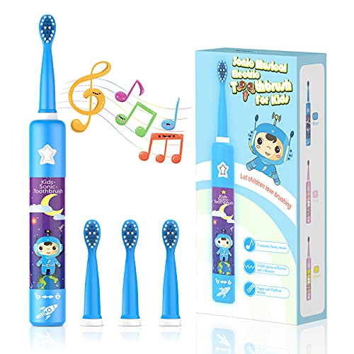 Cepillo de dientes eléctrico musical para niños, cepillo de dientes inteligente recargable de dibujos animados para niños de 3 a 12 años con temporizador de 2 minutos, 3 modos, 4 cabezales de cepillo