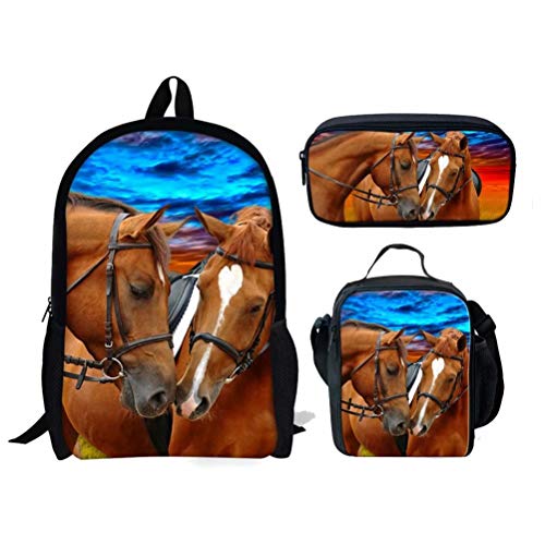 Chaqlin Juego de 3 mochilas con animales y caballos para niños, mochilas escolares con estampado de caballos con bolsas de almuerzo, estuche para lápices para niños y niñas