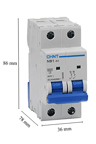 Chint Interruptores magnetotérmicos Serie NB1-63 Curva C, cód. 180347 (bipolar 2 módulos 2P, 400 Vac-63A)