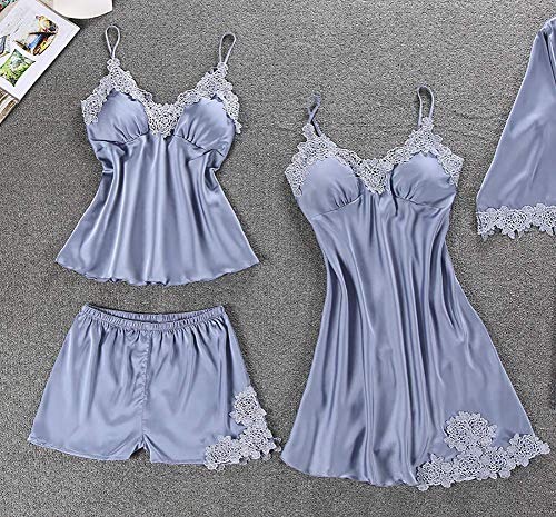 Chongmu Mujeres Pijamas Sexy Encaje Satinado Ropa de Dormir Seda Conjunto de Bata de Hogar 5 Piezas Camisón Cuello en V