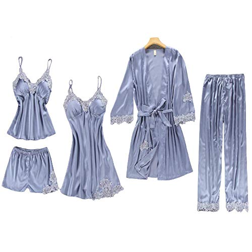 Chongmu Mujeres Pijamas Sexy Encaje Satinado Ropa de Dormir Seda Conjunto de Bata de Hogar 5 Piezas Camisón Cuello en V