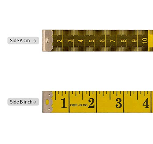Cinta métrica blanda de doble cara para medir el cuerpo (la circunferencia del pecho/la cintura). Herramienta de costura, 150 cm. Color amarillo, y números, rayas y letras de color negro