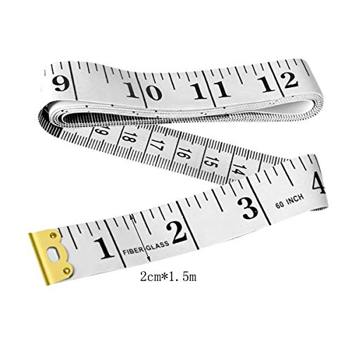 Cinta métrica blanda de doble cara para medir el cuerpo (la circunferencia del pecho/la cintura) - Herramienta de costura para sastre, 150 cm, color blanco, números, rayas y letras de color negro