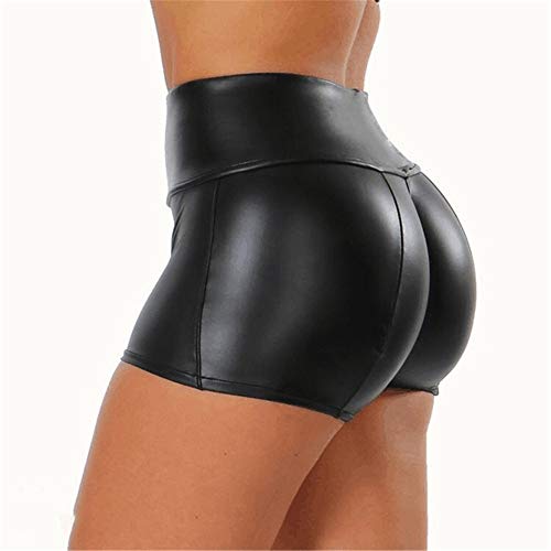 Cintura Alta Mujer Pantalones Cortos Cuero de imitación Sexy Push up Fashion Shorts Negro