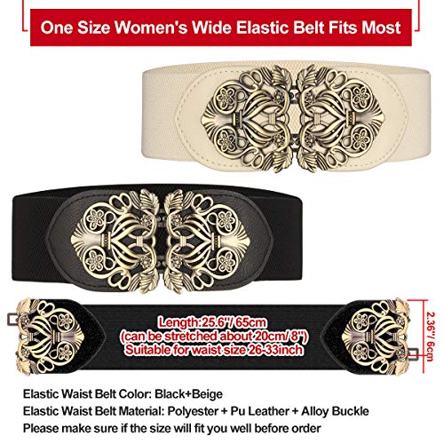 Cinturón ancho elástico para mujer 2 piezas retro de las señoras de cintura elástica cinturón (Negro & Beige)