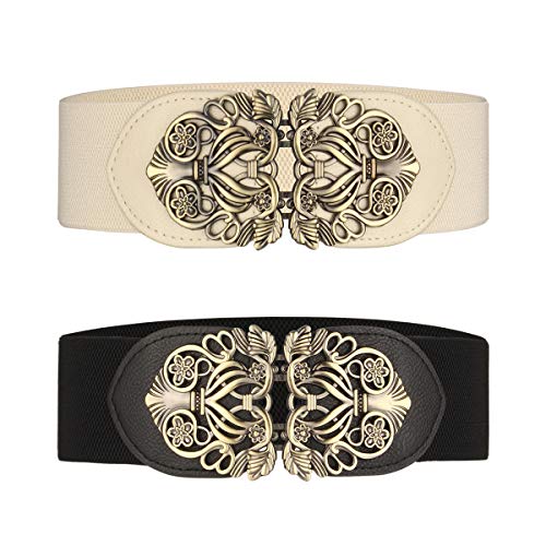 Cinturón ancho elástico para mujer 2 piezas retro de las señoras de cintura elástica cinturón (Negro & Beige)