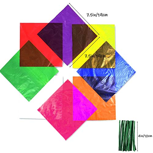 Cinvo 160 hojas de celofán de colores envolventes de celofán con lazos torcidos para violonchelo, hoja de transparencia colorida para manualidades y manualidades