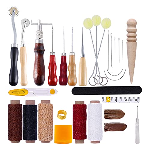 CJHZQYY 30 herramientas de costura para cuero, herramientas para principiantes, artesanía de cuero, kit de costura con hilo de cera, punzón y otros accesorios para trabajar el cuero